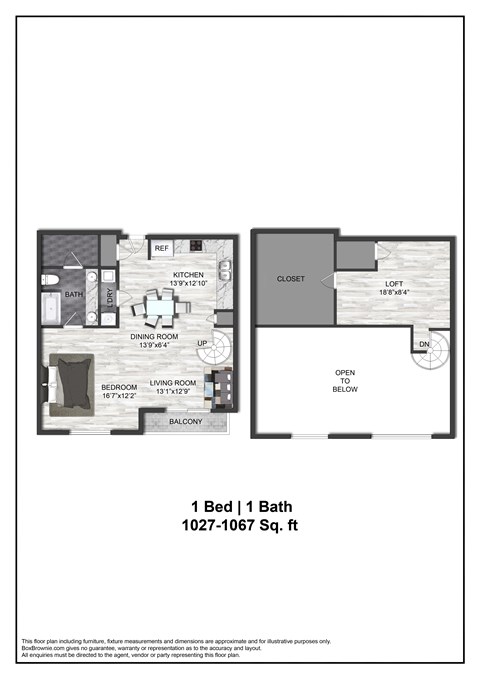Floor plan for 1 bed, 1 bath, 1067 sqft